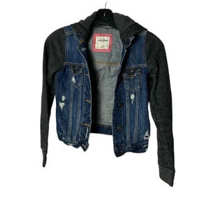 Abercrombie kids M/12, denim jacket. Distressed,multi  media,hood,back to school